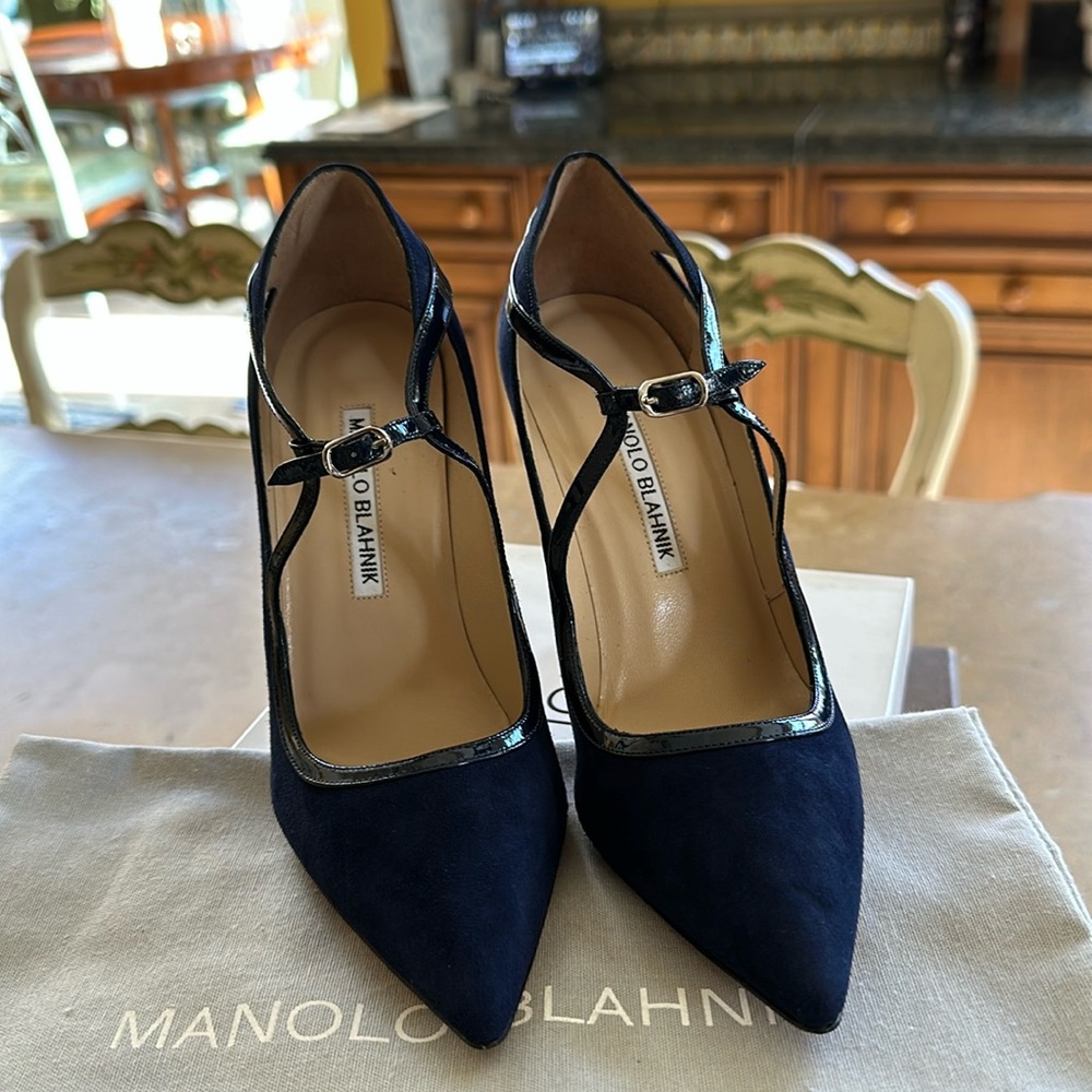 Manolo Blahnik navy suede four inch heels